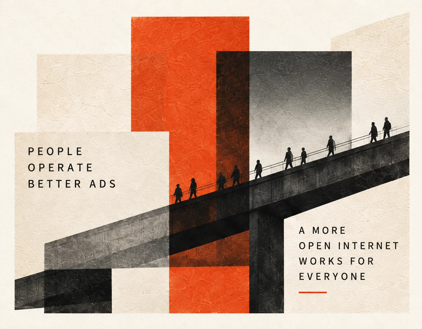 Paper collage of people crossing a bridge toward a more open internet